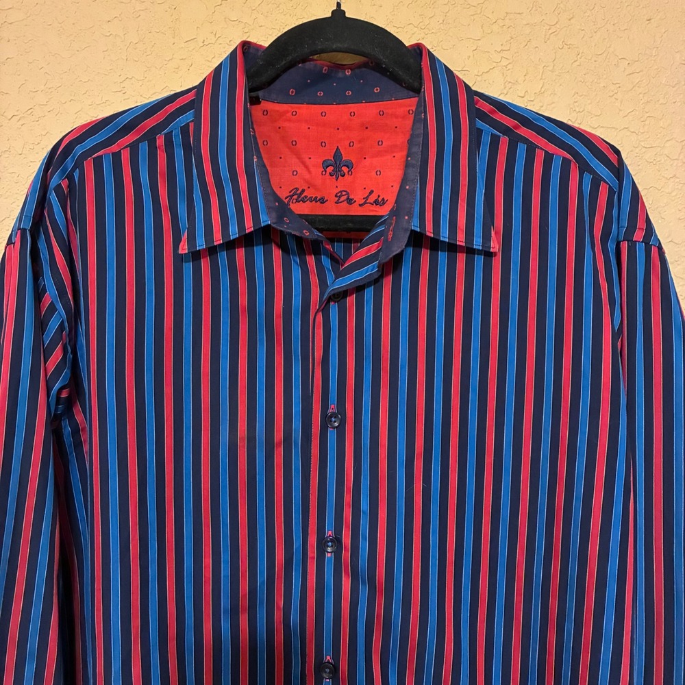 Fleur De Lis Mens 2XL Button Down Shirt Blokecore Club Striped Red Blue LS Party - Picture 4 of 13